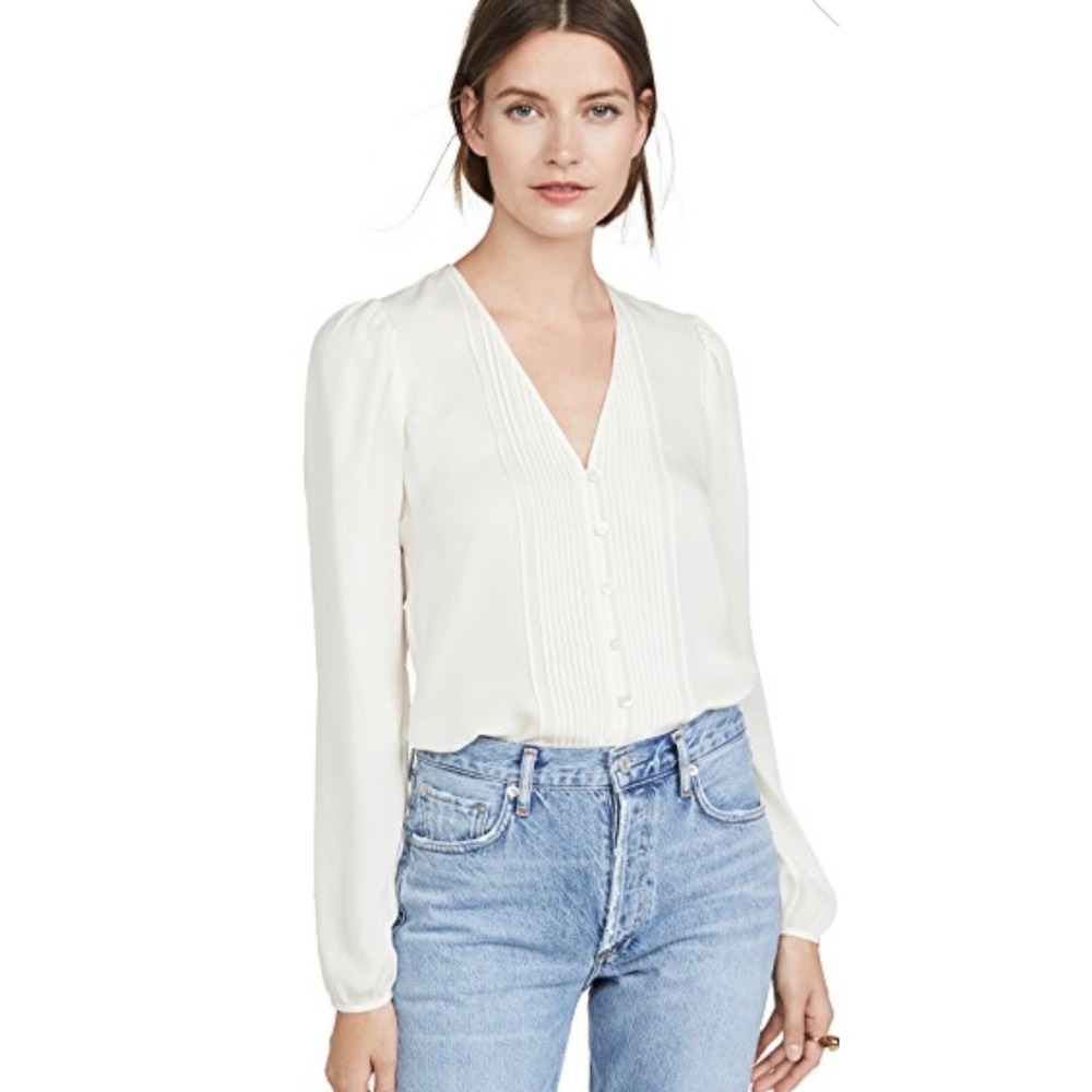 Veronica Beard 100% Silk Lorenzo Pintucked Blouse 6 Cream V Neck Popover Top
